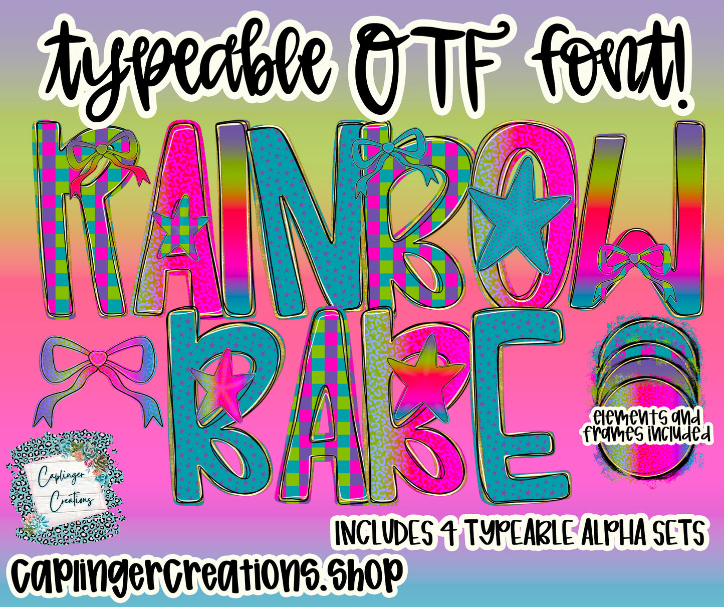 Rainbow Babe - Set of 4 Alphas + elements - TYPEABLE OTF FONT + PNGS- commercial use included - Digital download