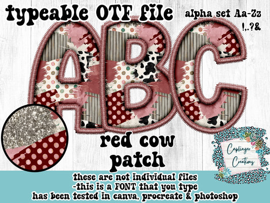 Cow Patches (Red thread) - ALPHA FONT A-Z - FAUX EMBROIDERY  - TYPEABLE OTF FONT - Digital download