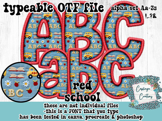 Red School l Faux Embroidery - ALPHA FONT Aa-Zz ,.!?& symbols - TYPEABLE FONT - Digital download