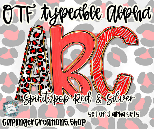 Spirit Pop Red/Silver- Set of 3 Alphas- TYPEABLE OTF FONT + PNGS- commercial use included - Digital download
