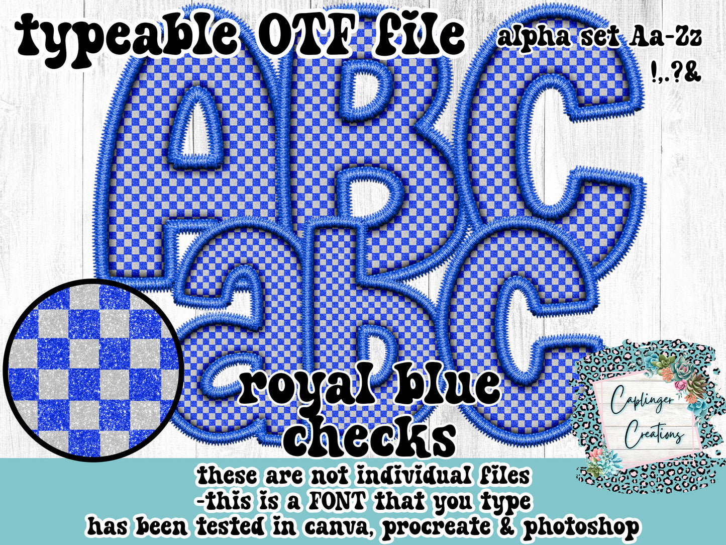 Royal Blue Checks Faux Embroidery - ALPHA FONT Aa-Zz ,.!?& symbols - TYPEABLE FONT - Digital download