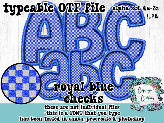 Royal Blue Checks Faux Embroidery - ALPHA FONT Aa-Zz ,.!?& symbols - TYPEABLE FONT - Digital download