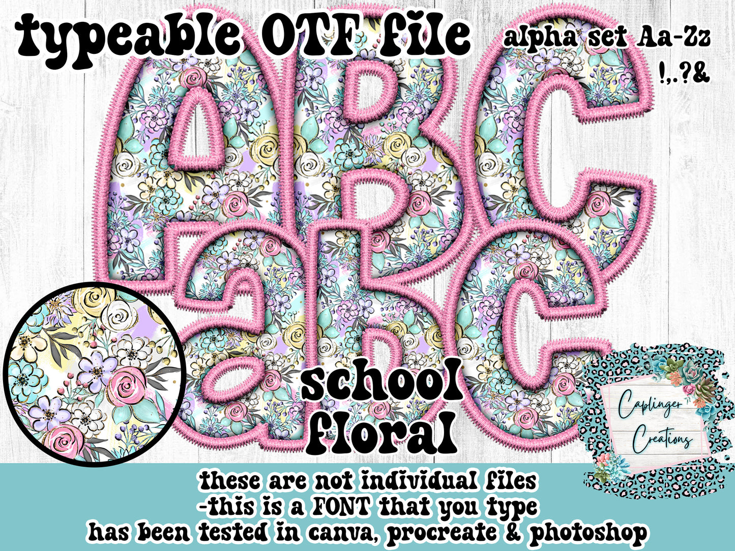 Floral Faux Embroidery - ALPHA FONT Aa-Zz ,.!?& symbols - TYPEABLE FONT - Digital download