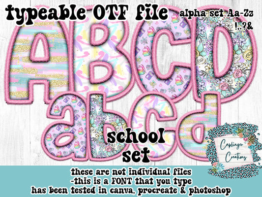 School set of 4 Faux Embroidery - ALPHA FONT Aa-Zz ,.!?& symbols - TYPEABLE FONT - Digital download