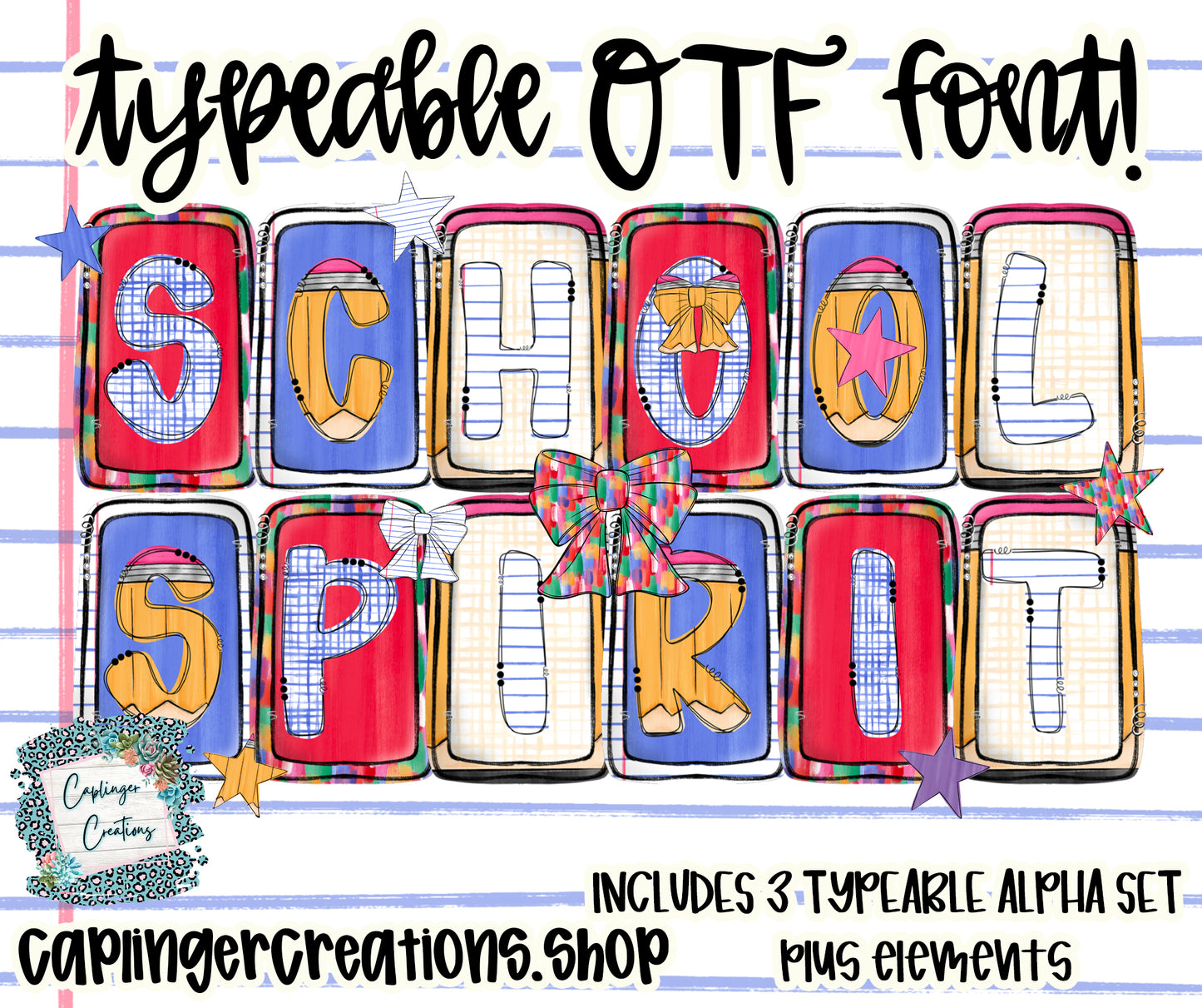 School Spirit - Set of 3 Alphas - TYPEABLE OTF FONT + PNGS- commercial use included - Digital download