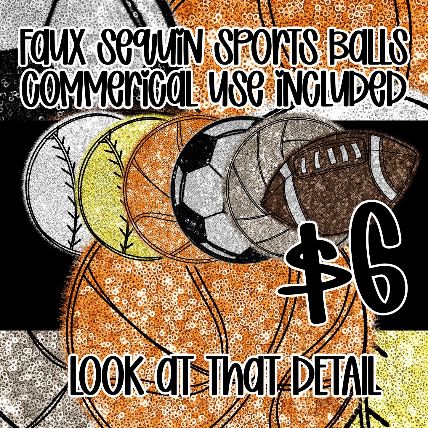 Faux Sequin Sports Ball bundle - Commercial use clipart PNGS - Digital download