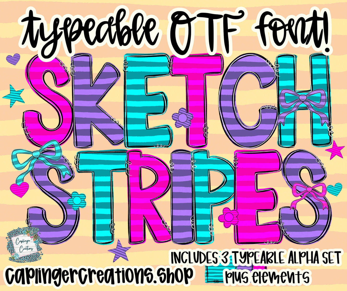 Sketchy Stripe - Set of 3 Alpha- TYPEABLE OTF FONT + PNGS- commercial use included - Digital download