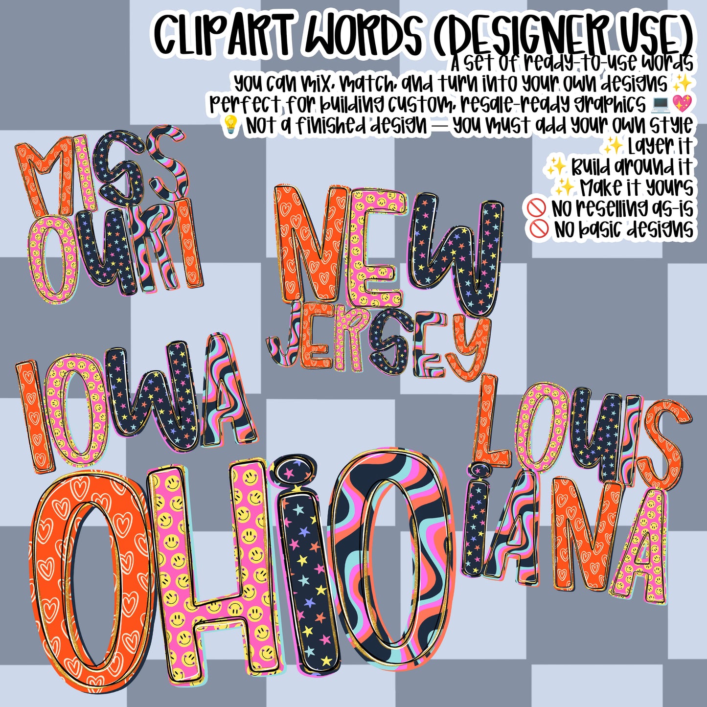 STATES CLIPART WORDS - Trendy Chaos - CLIPART - commercial use included - Digital download