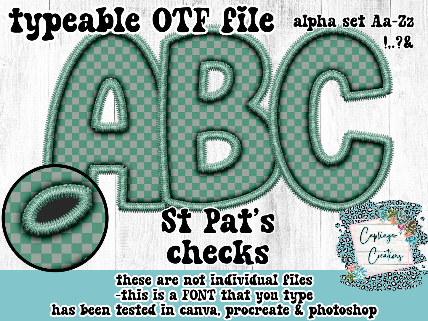St Pat checks ALPHA FONT Aa-Zz &,.!? - FAUX EMBROIDERY  - TYPEABLE OTF FONT - Digital download