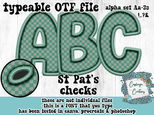 St Pat checks ALPHA FONT Aa-Zz &,.!? - FAUX EMBROIDERY  - TYPEABLE OTF FONT - Digital download