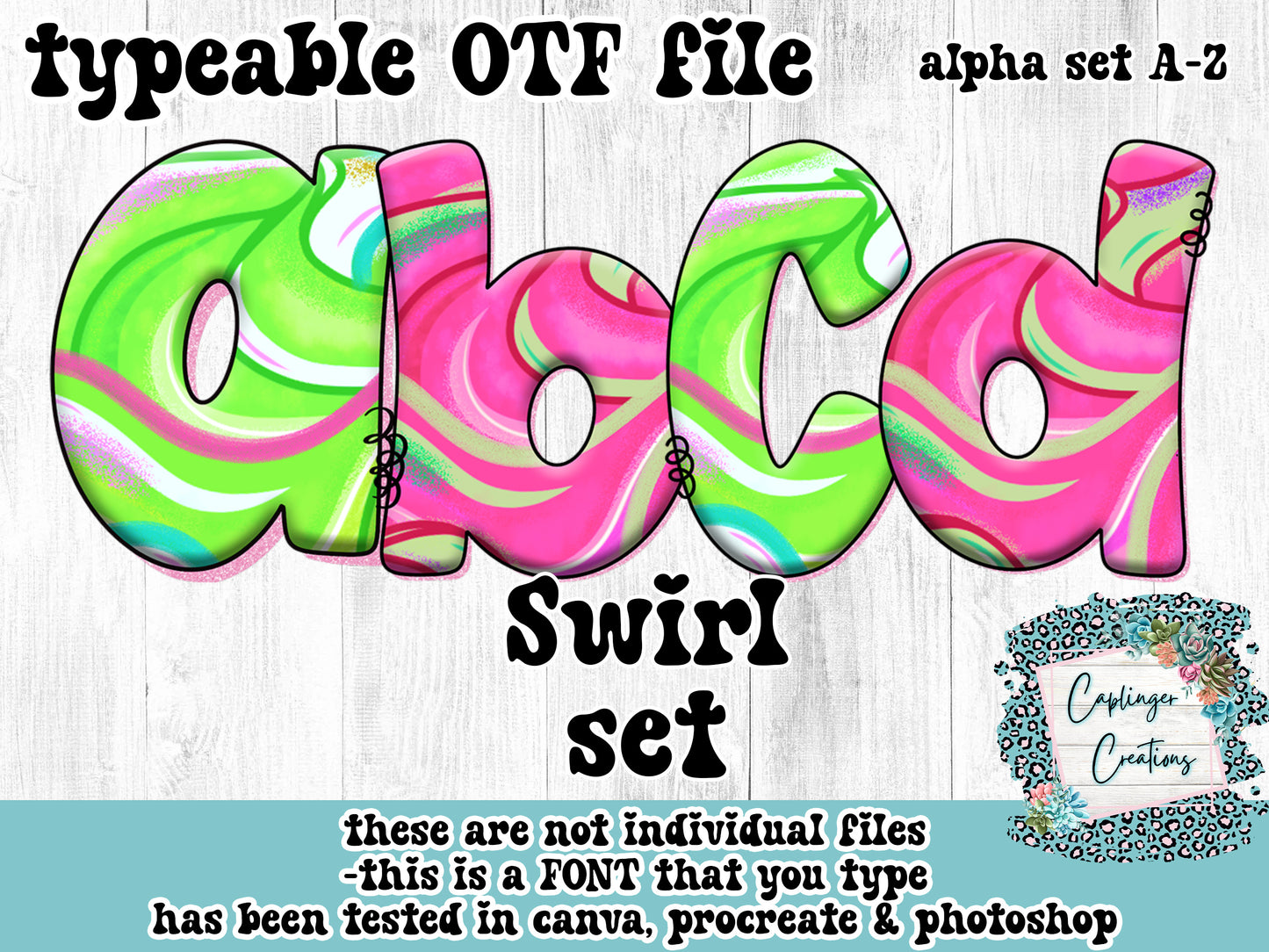 Swirl Set (Pink & Green) 2 full alpha set styles - ALPHA FONT A-Z  - TYPEABLE OTF FONT - Digital download
