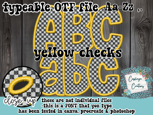 Yellow Threaded B&W Checks Faux Embroidery - Aa-Zz,. - TYPEABLE OTF FONT Digital download