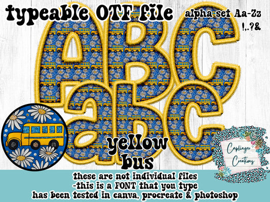 Yellow School bus Faux Embroidery - ALPHA FONT Aa-Zz ,.!?& symbols - TYPEABLE FONT - Digital download